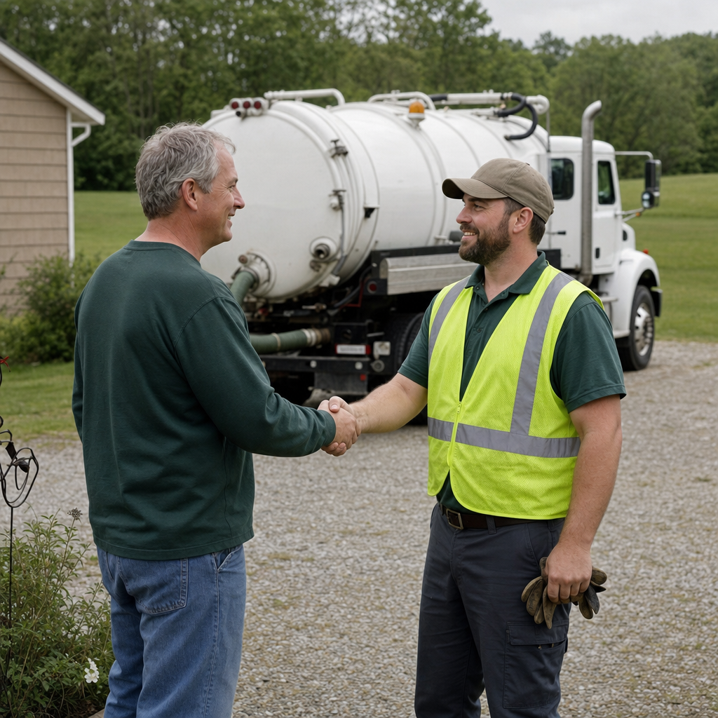 A septic technician shaking a Winston-Salem homeowner's hand beside the service truck after a completed pump-out