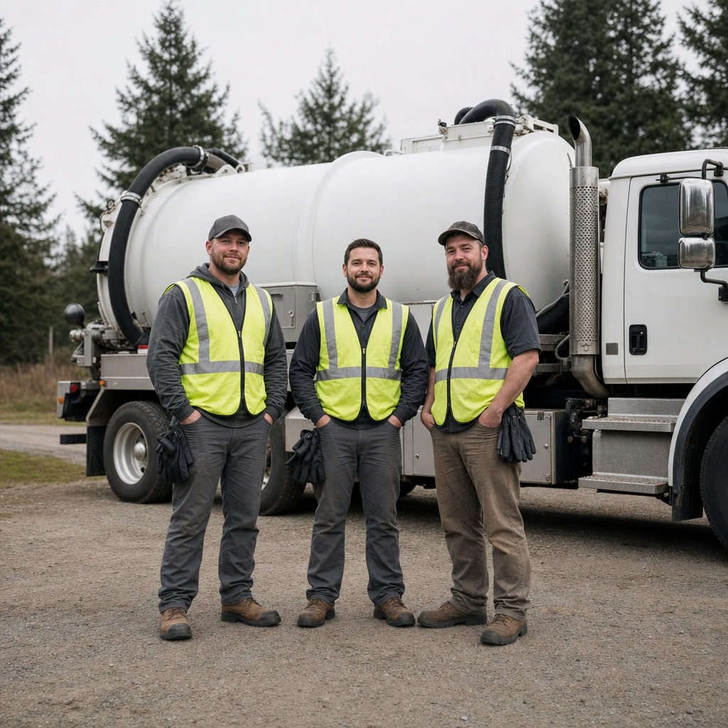 The Winston-Salem septic pumping crew standing together beside their clean white vacuum truck on a residential street
