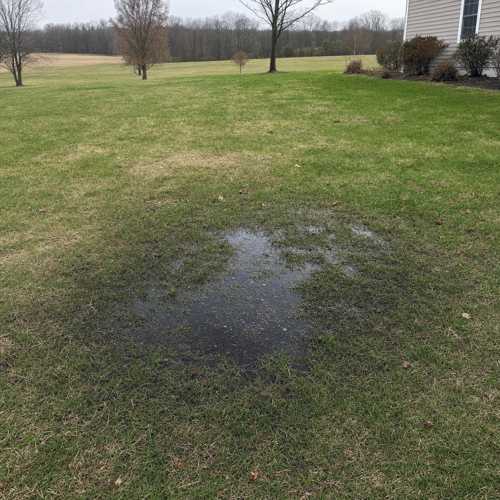 A dark, saturated wet spot in a Winston-Salem backyard lawn marking a failing cesspool at capacity