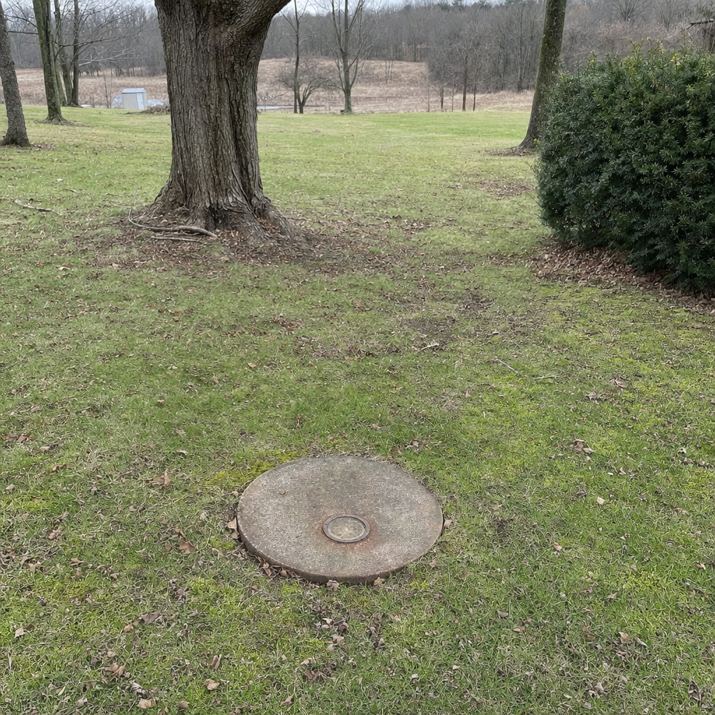 An older round cesspool access lid set flush in an established, mature Winston-Salem backyard lawn