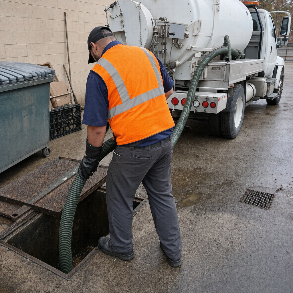 Technician pumping a grease trap behind a Winston-Salem restaurant