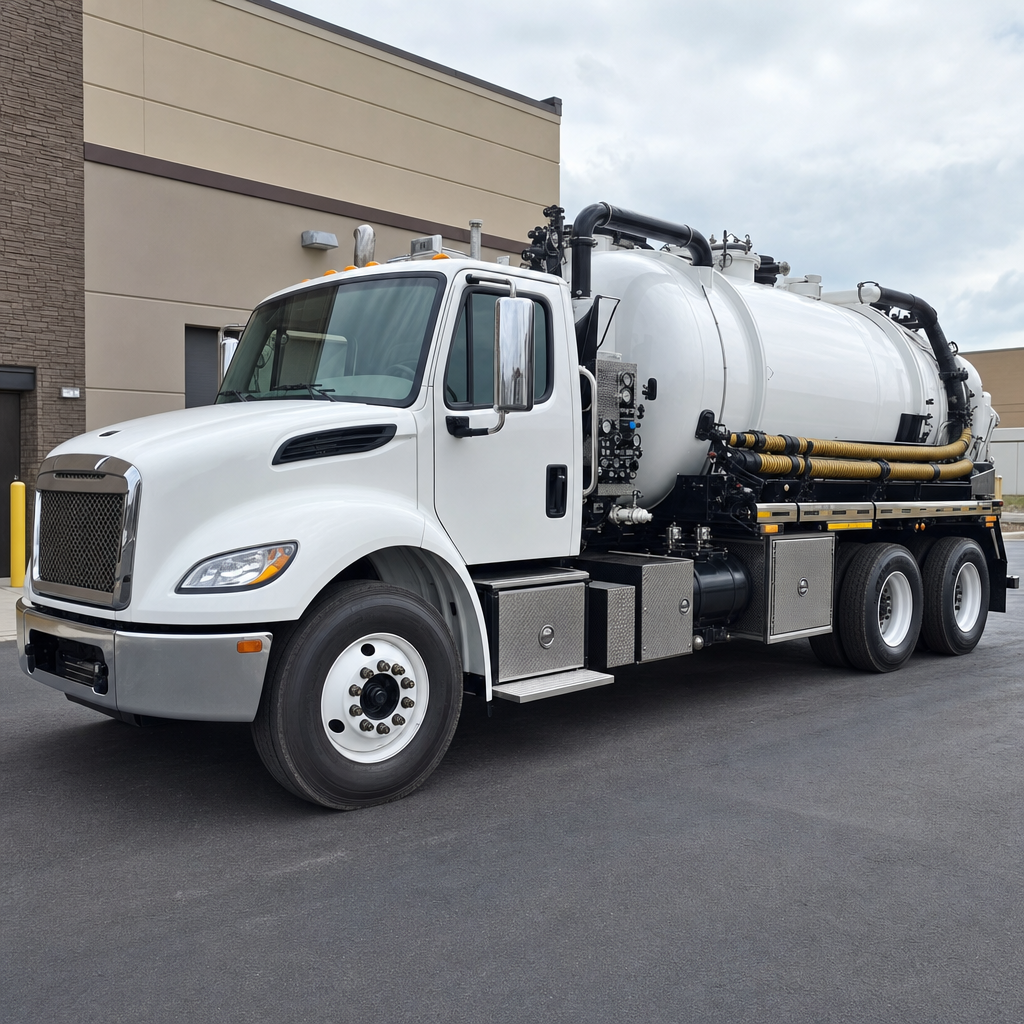 Commercial septic vacuum truck parked in a Winston-Salem business parking lot