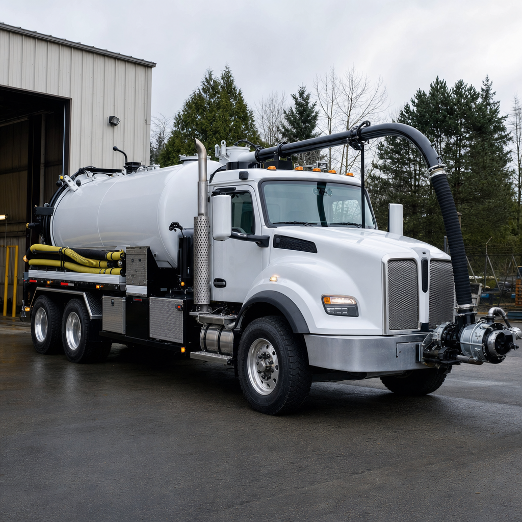 A clean white septic vacuum truck rolling out of a tidy Winston-Salem service depot at the start of the day