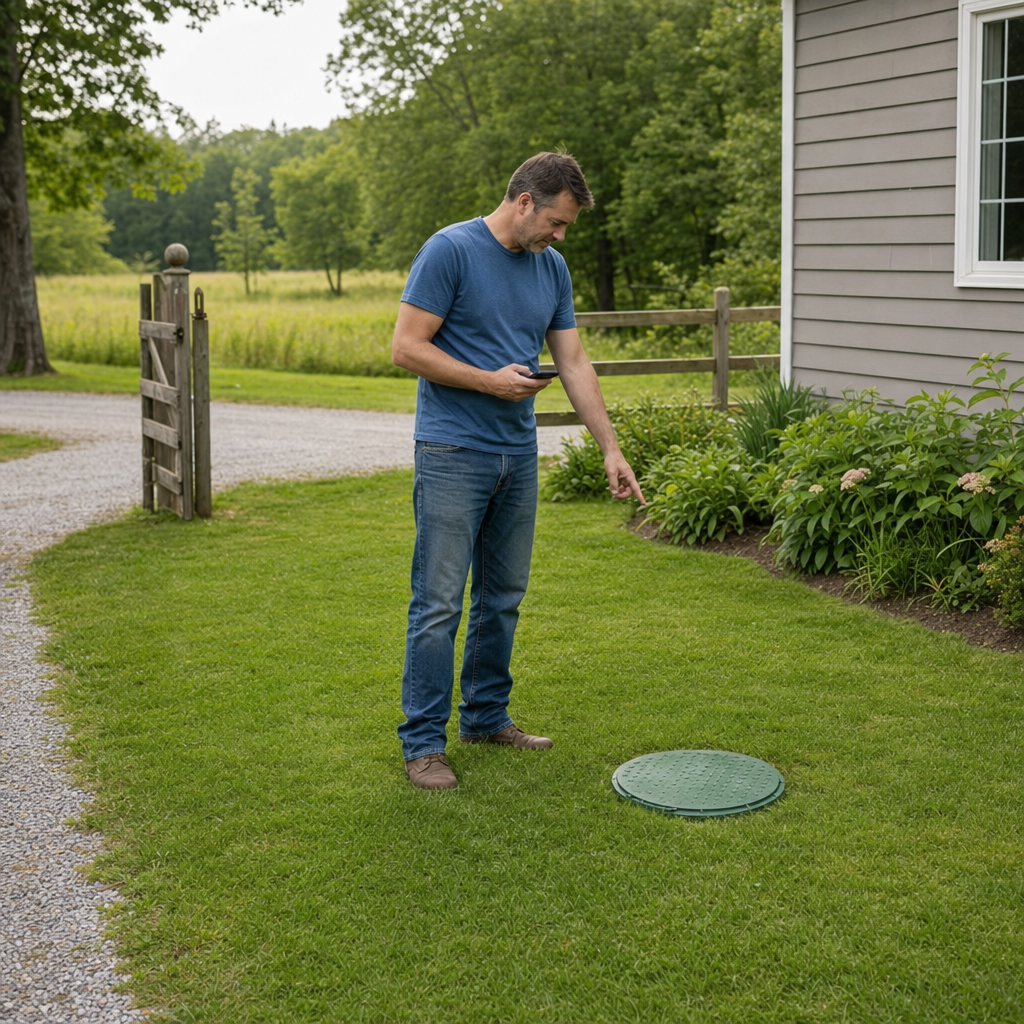A Winston-Salem-area homeowner standing in the backyard noting where the septic tank lid and access route are located