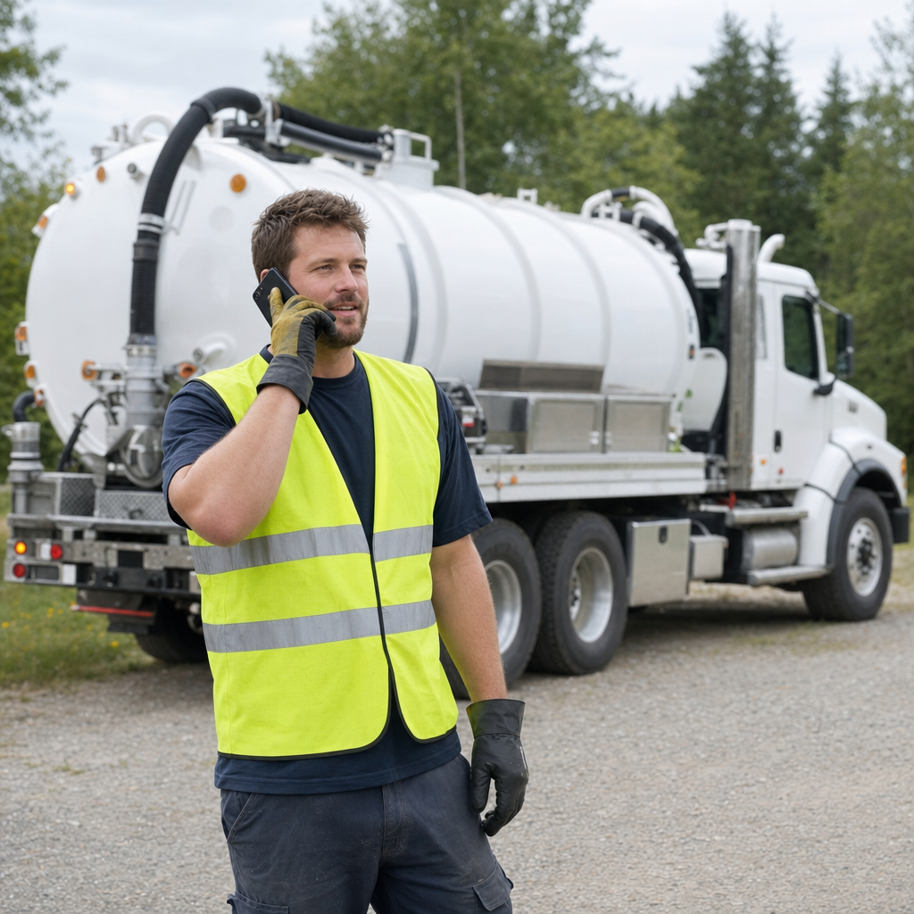 A friendly septic dispatcher holding a phone, ready to answer a Winston-Salem homeowner's call about a pump-out