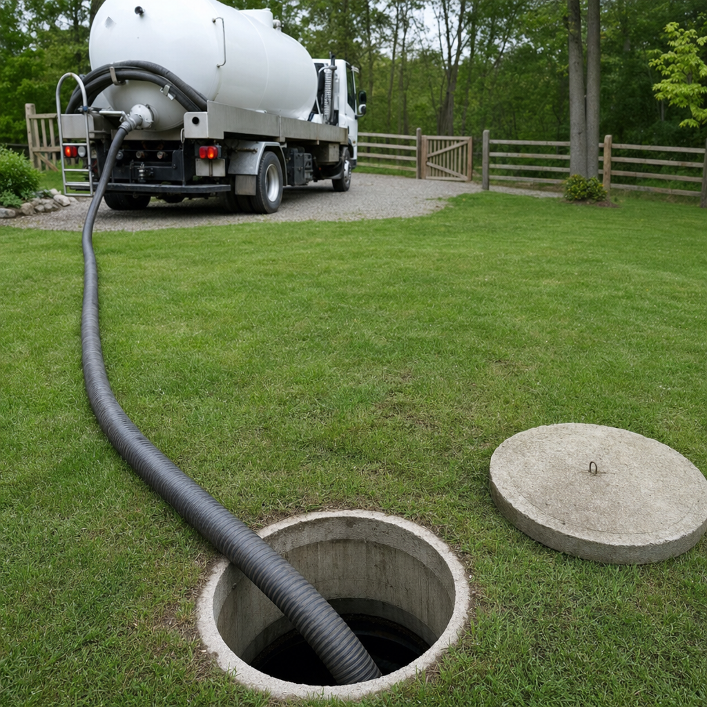 Suction hose connected to an open septic tank, drawing it down in a tidy Winston-Salem yard