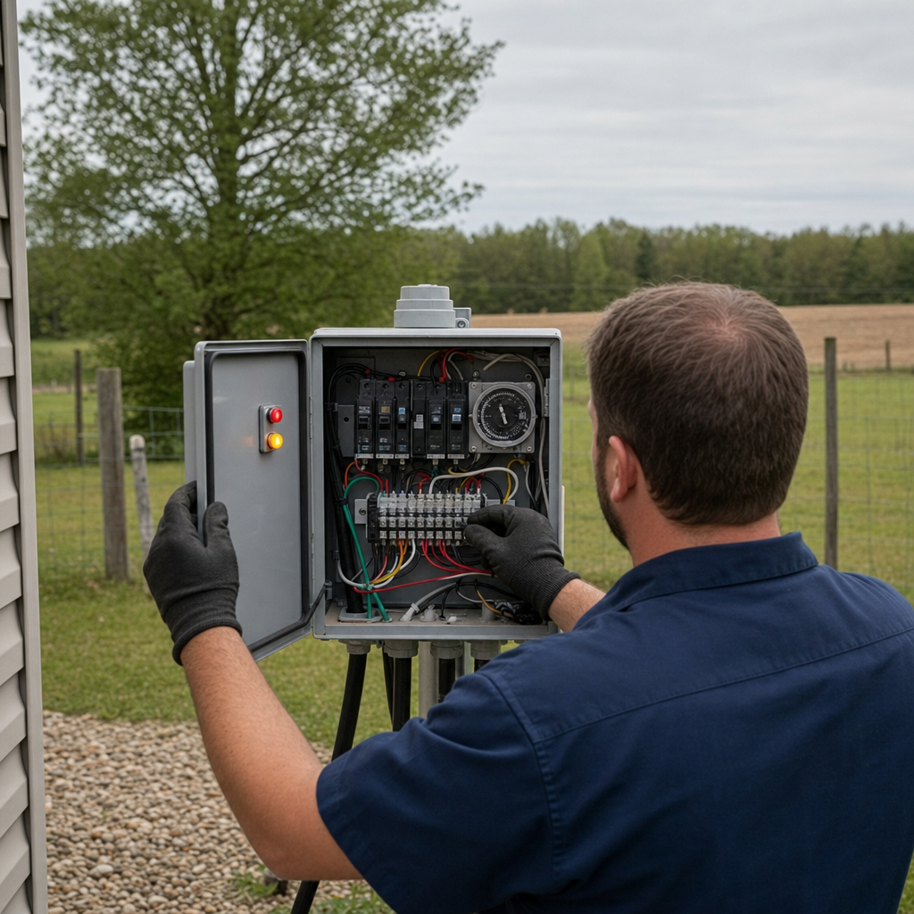 Technician checking an aerobic septic control box with a lit red high-water alarm during a same-day Winston-Salem visit
