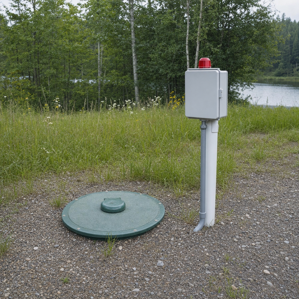 A wastewater holding tank access lid set in the ground at a rural Winston-Salem-area cabin, with a mounted high-level float alarm panel nearby
