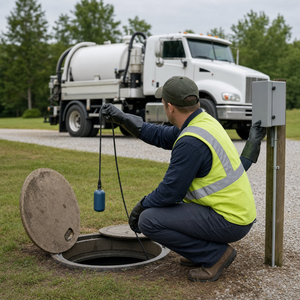 A septic technician in a high-visibility vest checking a high-level float switch and alarm panel on a holding tank at a rural Winston-Salem-area site