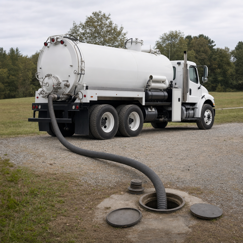 An unmarked white vacuum truck emptying a wastewater holding tank on a scheduled visit at a rural Winston-Salem-area property, thick suction hose running to the tank lid