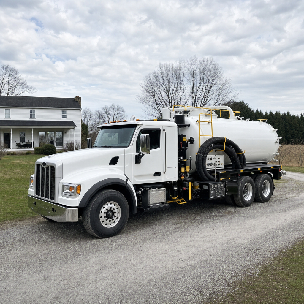 A clean white septic vacuum truck parked on a tidy Winston-Salem driveway with the suction hose neatly coiled