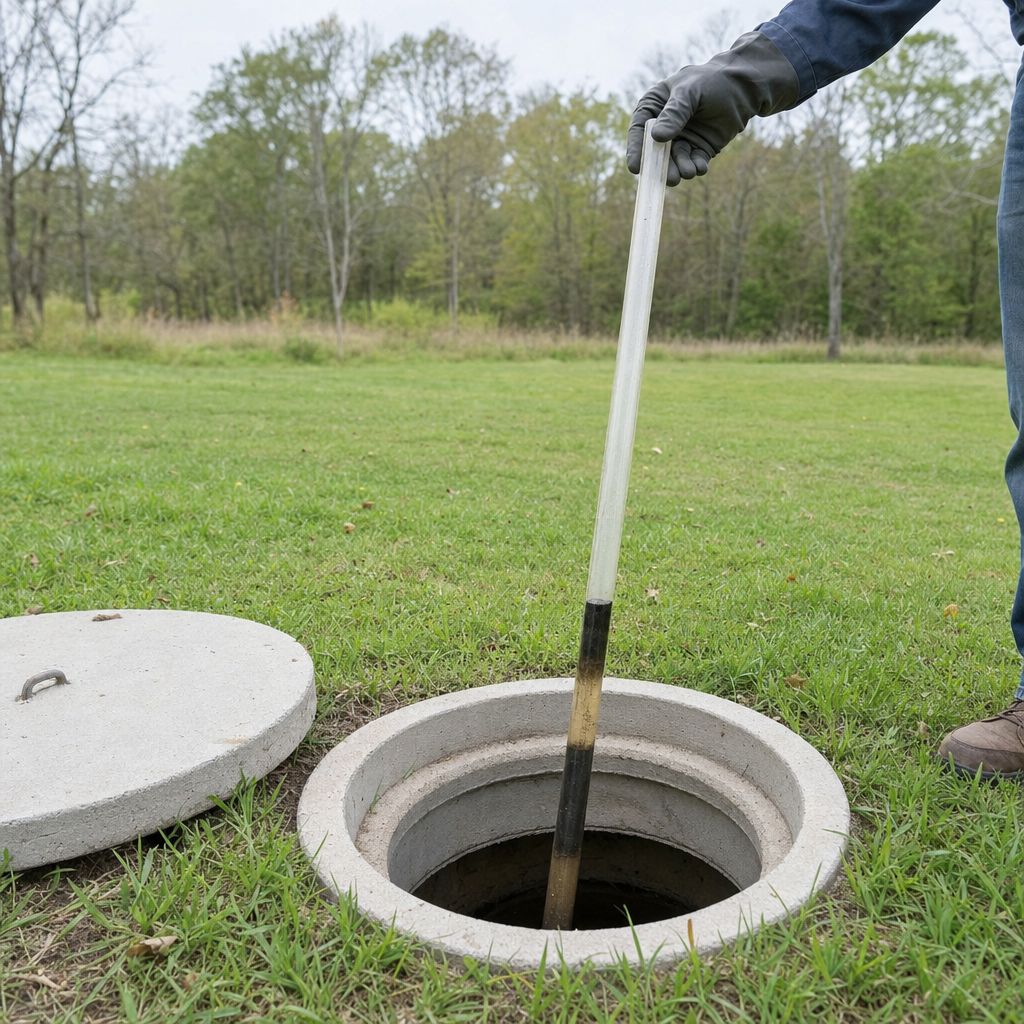 A septic sludge-judge measuring stick lowered into an open Winston-Salem septic tank to read the depth of the sludge and scum layers before deciding whether a pump-out is due