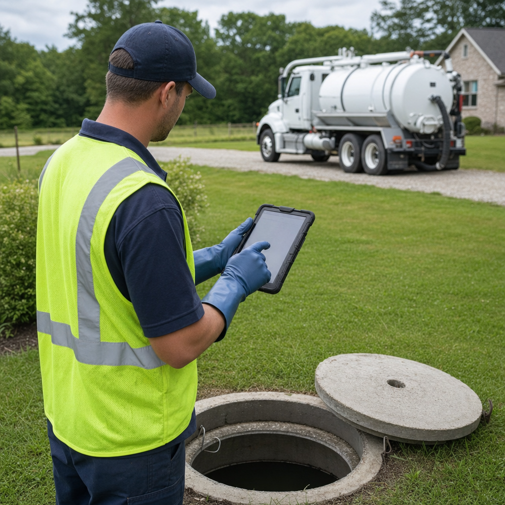 A septic technician recording a Winston-Salem home's pump-out date and tank condition on a tablet beside an open access lid, tracking the service history that sets the next due date