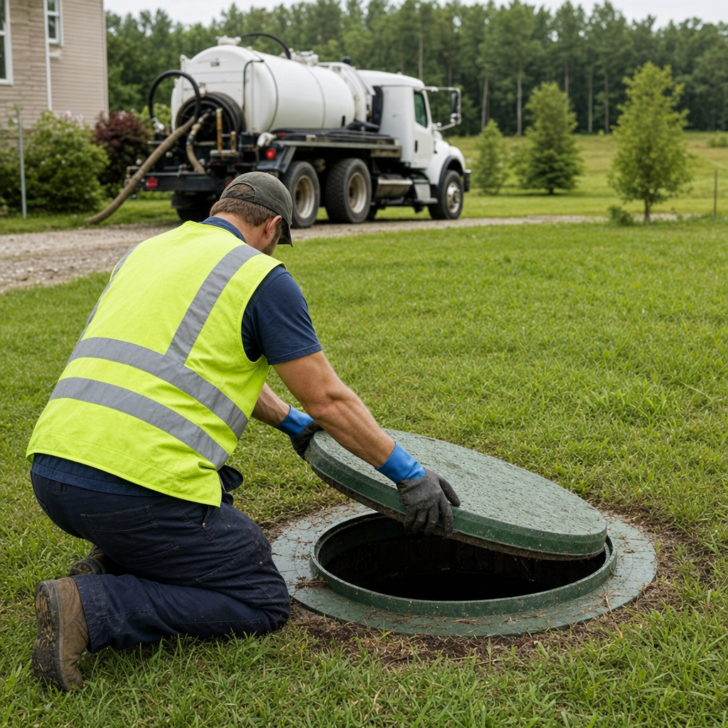 Septic technician kneeling on a Winston-Salem lawn, lifting the access lid on a residential septic tank