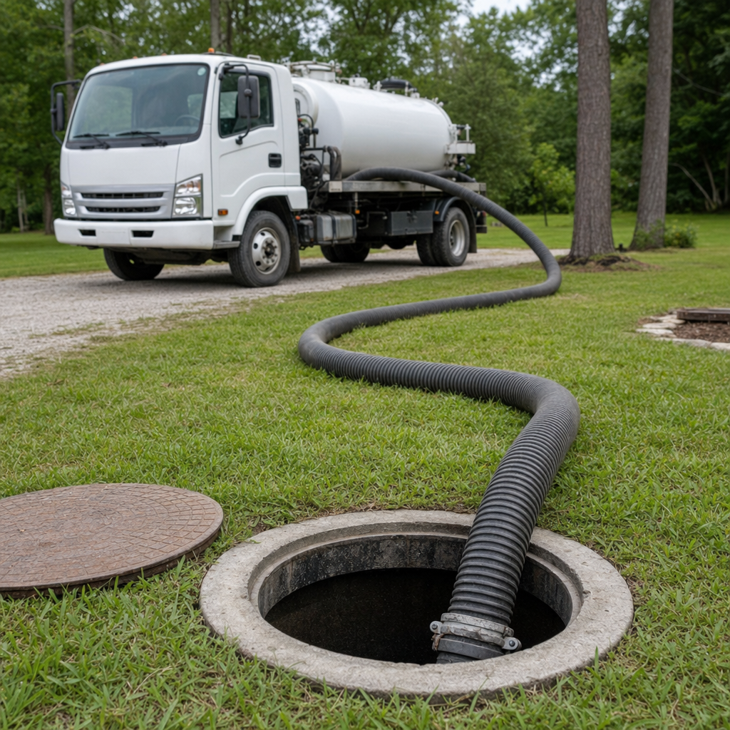 Thick ribbed suction hose lowered into a clean open septic tank port on a tidy Winston-Salem backyard lawn