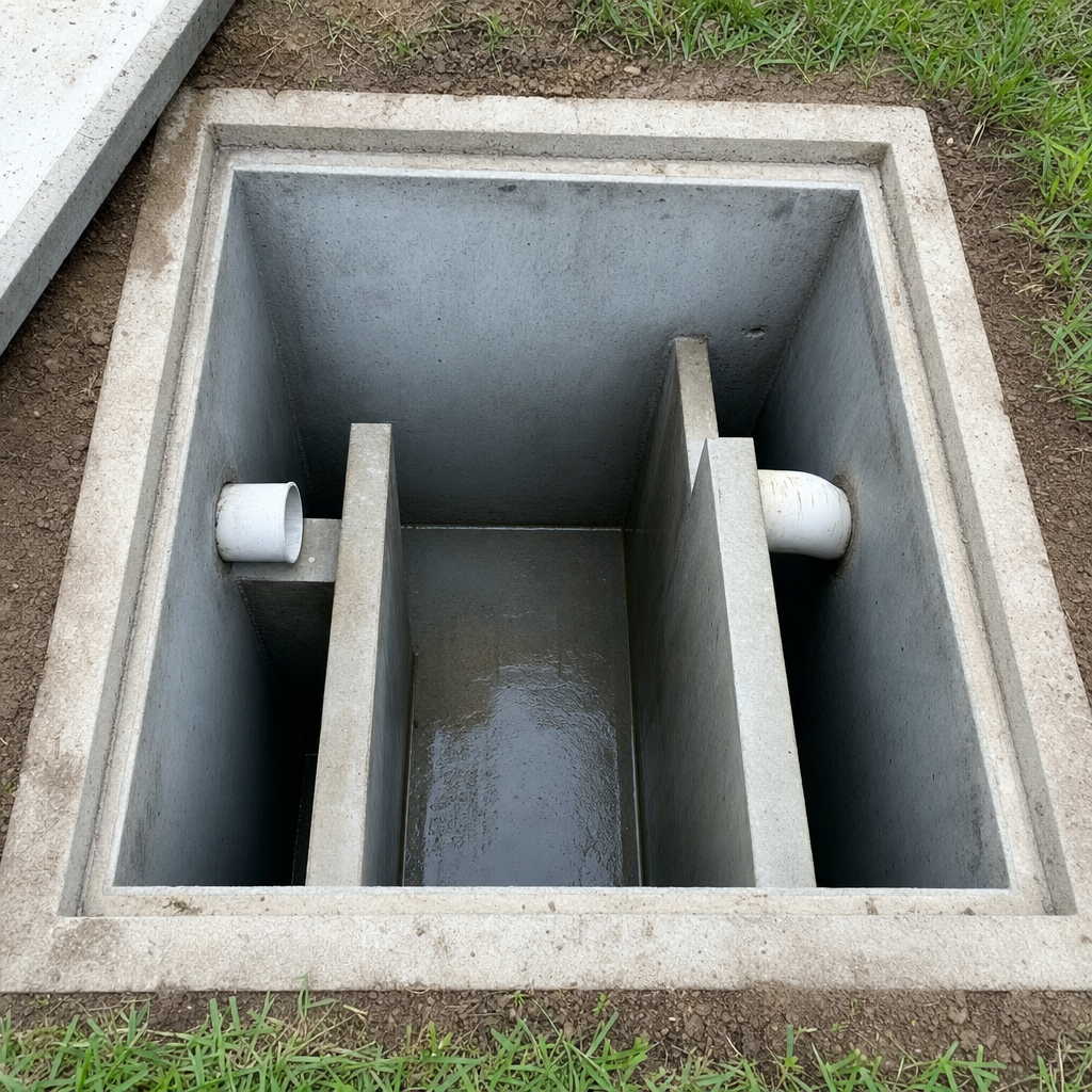 Inspection of the concrete baffles inside an open, emptied and freshly cleaned Winston-Salem septic tank