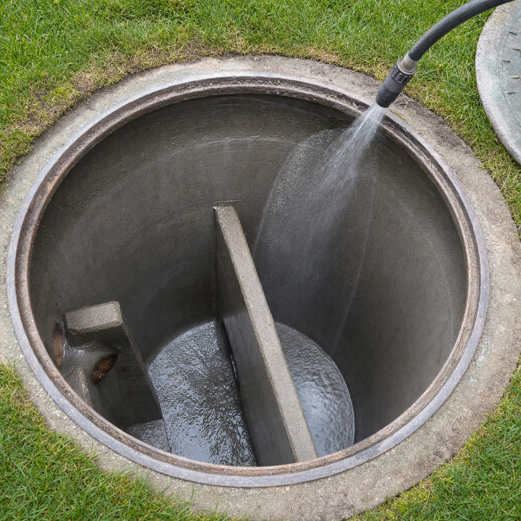 Interior concrete walls of an emptied Winston-Salem septic tank being rinsed clean with the truck's onboard water hose