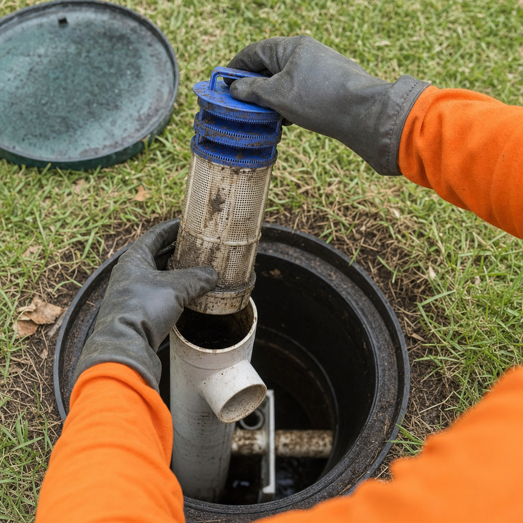 Septic technician's gloved hands lifting the effluent filter cartridge out of the outlet housing on a Winston-Salem septic tank