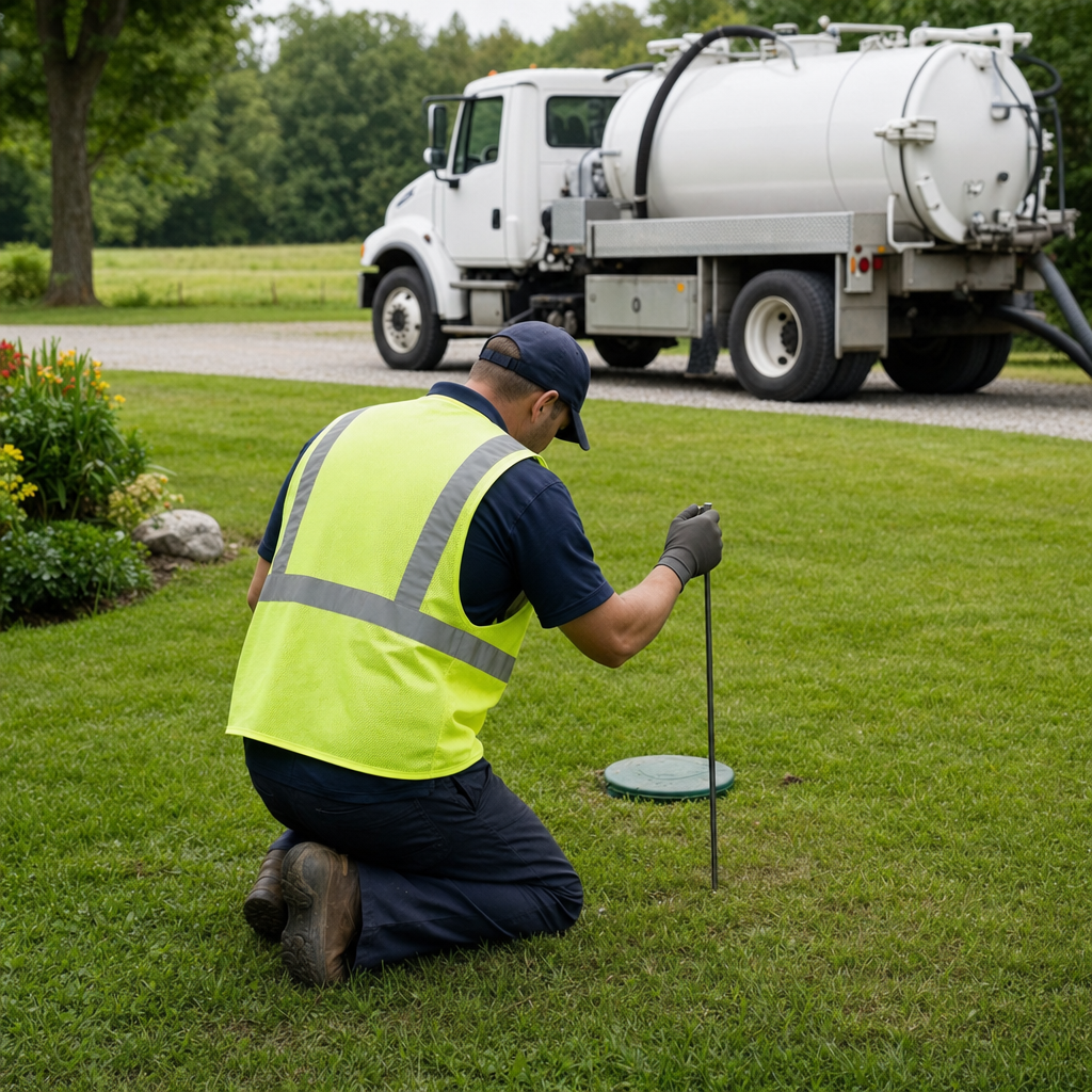 Septic technician kneeling on a Winston-Salem lawn, probing to locate and measure the depth of a buried septic tank lid before pumping