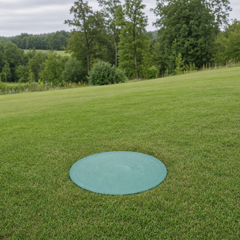 A newly installed septic riser bringing the tank lid up flush to grade in a Winston-Salem yard for easy future access