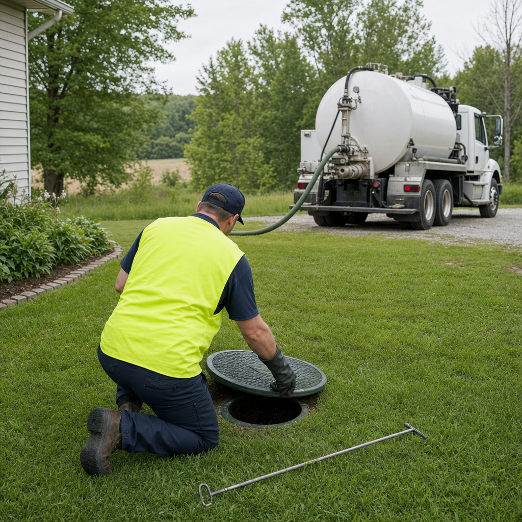 Septic technician kneeling on a Winston-Salem lawn, lifting the buried access lid on a residential septic tank