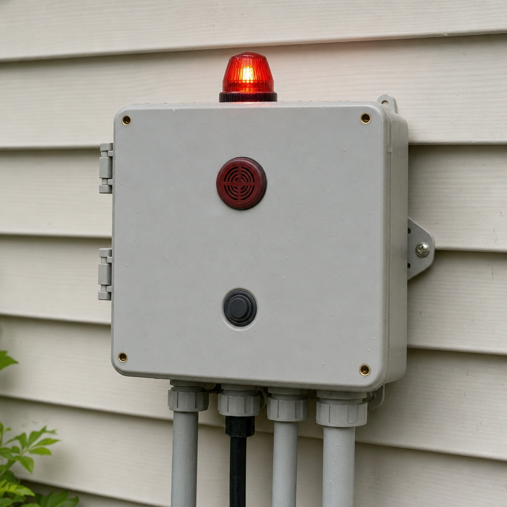 An aerobic septic system control panel mounted outside a Winston-Salem home with its red high-water alarm light lit