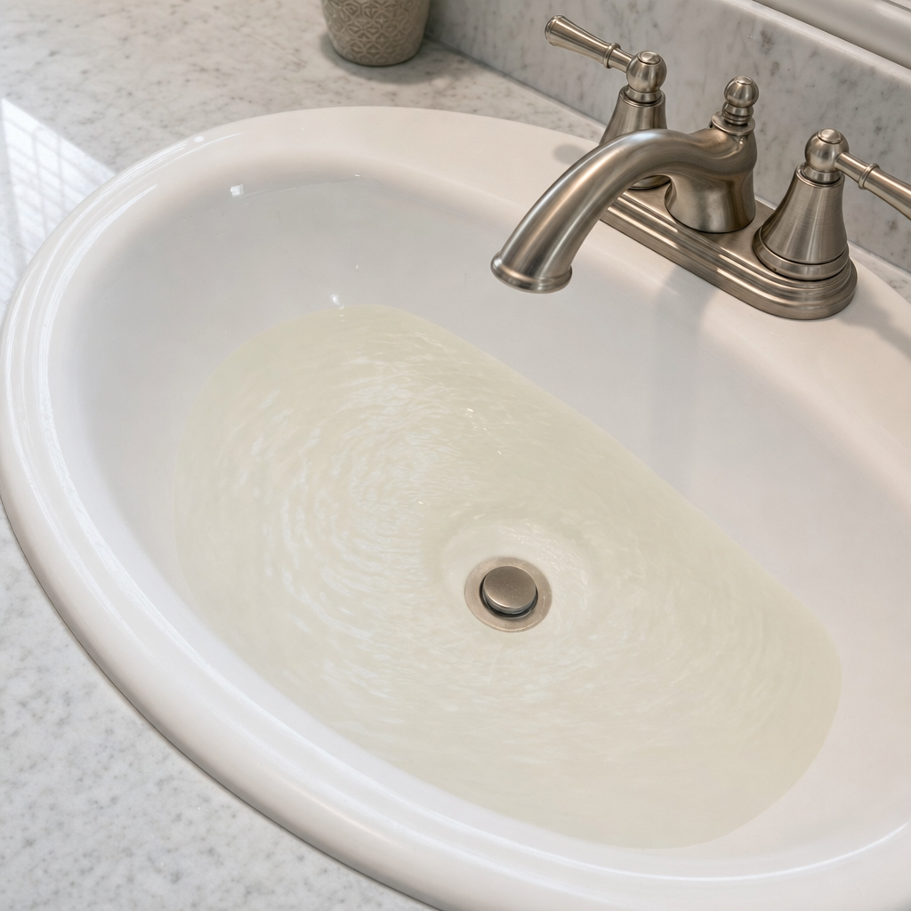 A bathroom sink draining slowly with water pooled in the basin, an early warning sign that a Winston-Salem septic tank is full